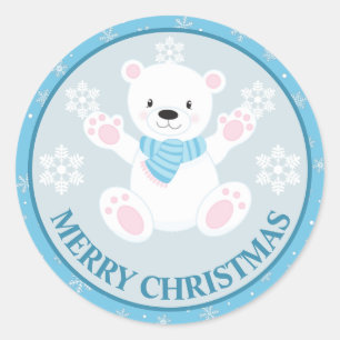 Sticker Rond Joli ours polaire et flocons de neige Noël bleu