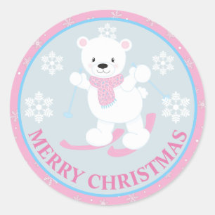 Sticker Rond Joli ours polaire et flocons de neige Noël rose