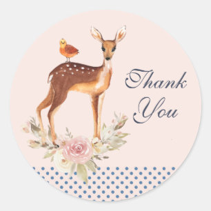 Sticker Rond Joli pape Brown avec oiseaux et Merci Rose
