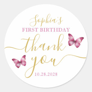 Sticker Rond Joli Papillon Rose 1er Anniversaire Merci