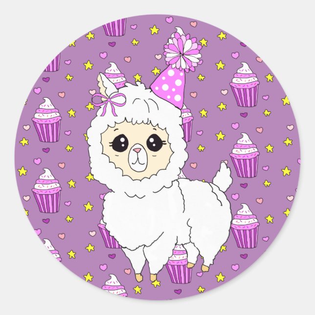 Sticker Rond Joli Petit Anniversaire Llama Purple (Devant)