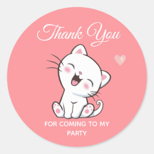 Sticker Rond Joli petit chat sur fond rose Merci