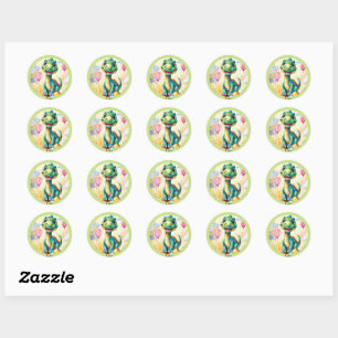 Sticker Rond Joli petit dinosaure avec beaucoup de ballons colo