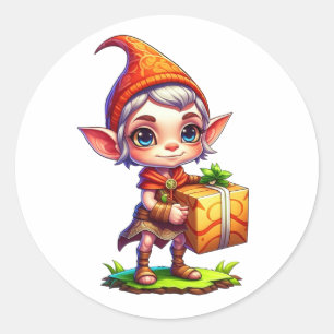 Sticker Rond Joli Petit Elfe tenant un cadeau Noël
