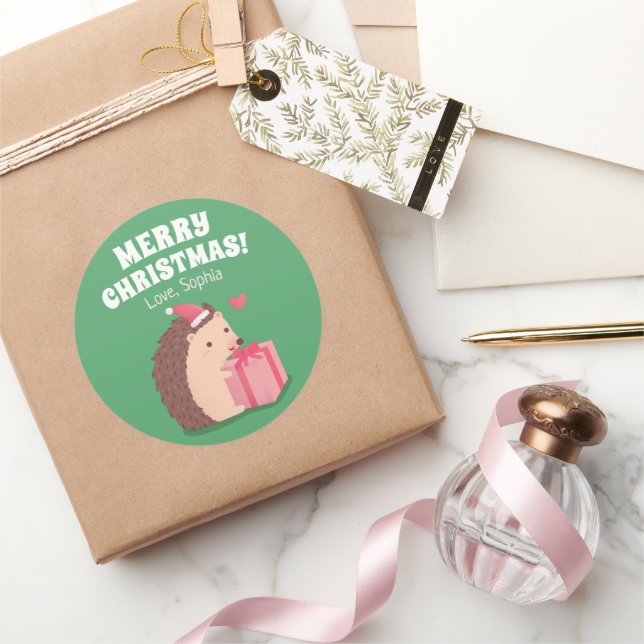 Sticker Rond Joli petit hérisson avec cadeau de Noël (Cadeaux)