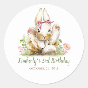 Sticker Rond Joli Petit Lapin Rose Floral Anniversaire