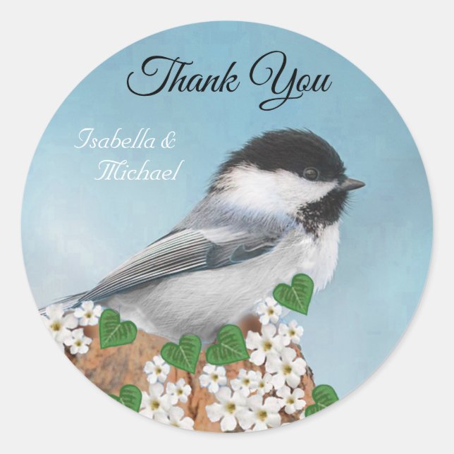 Sticker Rond Joli petit oiseau & fleurs Merci (Devant)