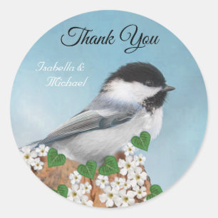 Sticker Rond Joli petit oiseau & fleurs Merci