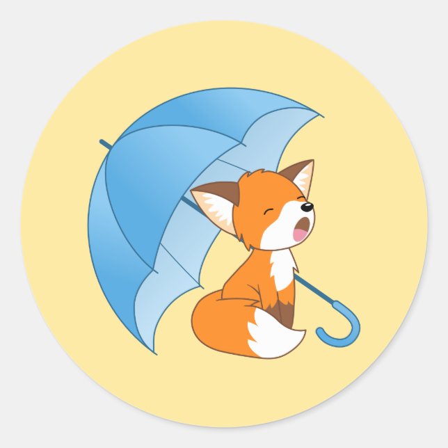 Sticker Rond Joli Petit Renard dormant sous parapluie sur Jaune (Devant)