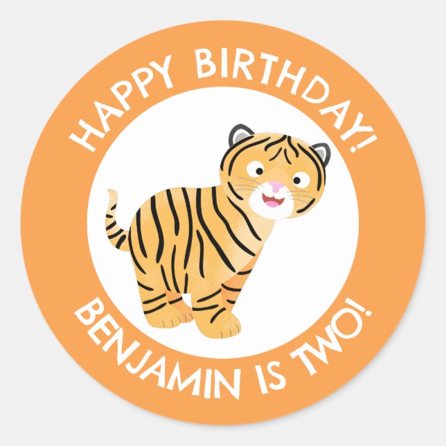 Sticker Rond Joli petit tigre personnalisé dessin animé anniver (Devant)