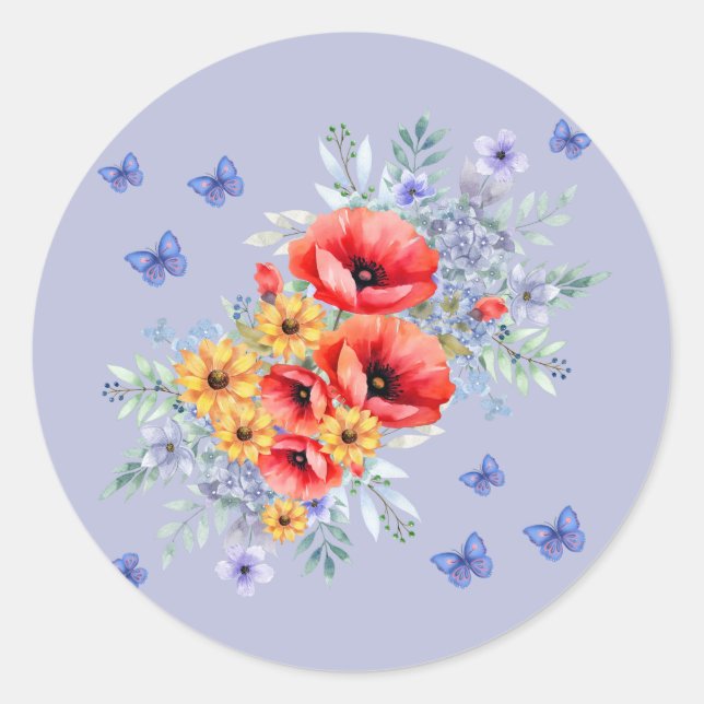 Sticker Rond Joli Poppies rouges, tournesols et papillons (Devant)