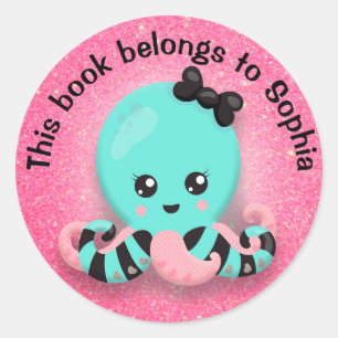 Sticker Rond Joli poulpe rayé bleu rose noir pailleté rose