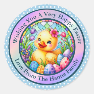 Sticker Rond Joli poussin de Pâques, fleurs et œufs colorés