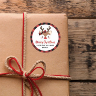 Sticker Rond Joli Reindeer Plaid Bow Rouge Joyeux Noël