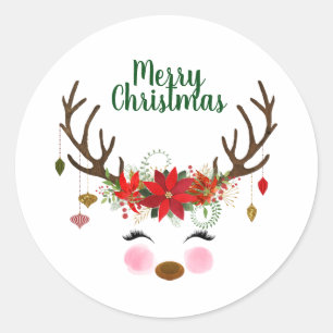 Sticker Rond Joli renne de Noël et Poinsettia