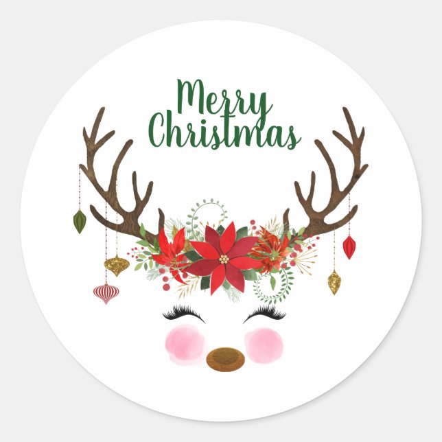 Sticker Rond Joli renne de Noël et Poinsettia (Devant)