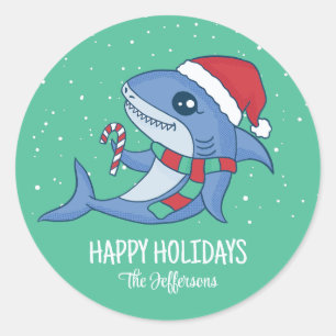 Sticker Rond Joli requin Père Noël Noël Neige hiver vacances