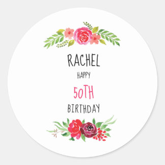 Sticker Rond Joli Rose d'aquarelle rose joyeux texte d'annivers