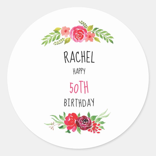 Sticker Rond Joli Rose d'aquarelle rose joyeux texte d'annivers (Devant)