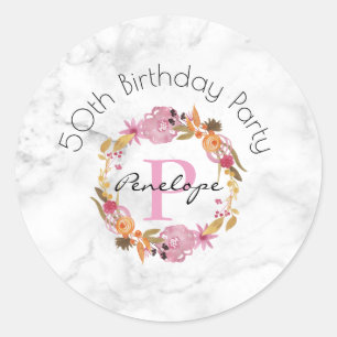 Sticker Rond Joli rose Floral Wreath Monogramme Anniversaire