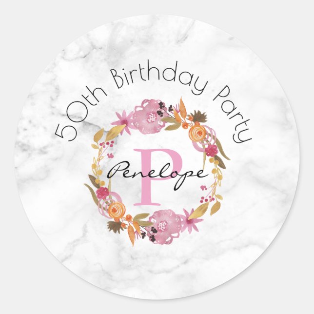 Sticker Rond Joli rose Floral Wreath Monogramme Anniversaire (Devant)
