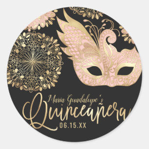 Sticker Rond Joli rose or noir Mascarade Masque Quinceañera