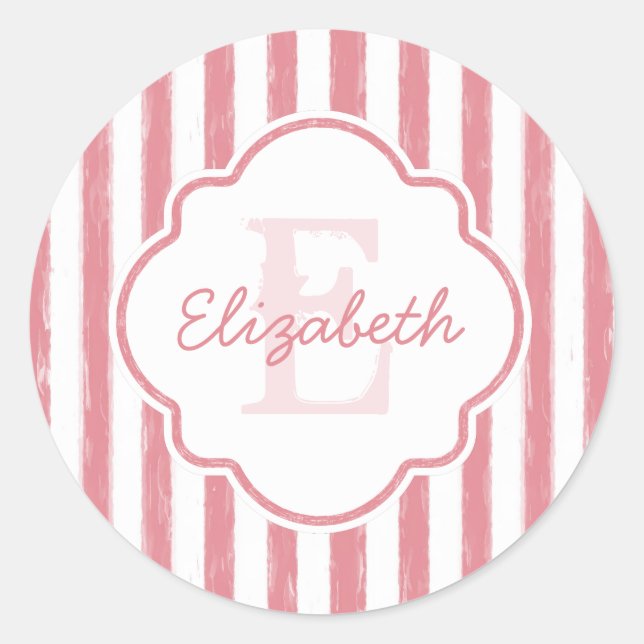 Sticker Rond Joli rose peint rayures Monogramme et nom (Devant)