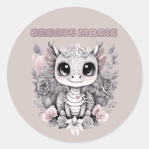 Sticker Rond Joli rose Whimsical "Créer Magie" Petit Dragon