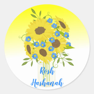 Sticker Rond Joli Rosh Hashanah Tournesol Vase
