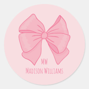 Sticker Rond Joli Ruban Rose Monogramme et Nom de Fille
