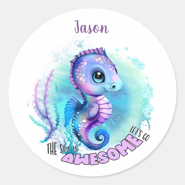 Sticker Rond Joli Seahorse Nom été Garçon (Devant)