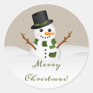 Sticker Rond Joli Snowman Souriant Avec Joyeux Texte De Noël