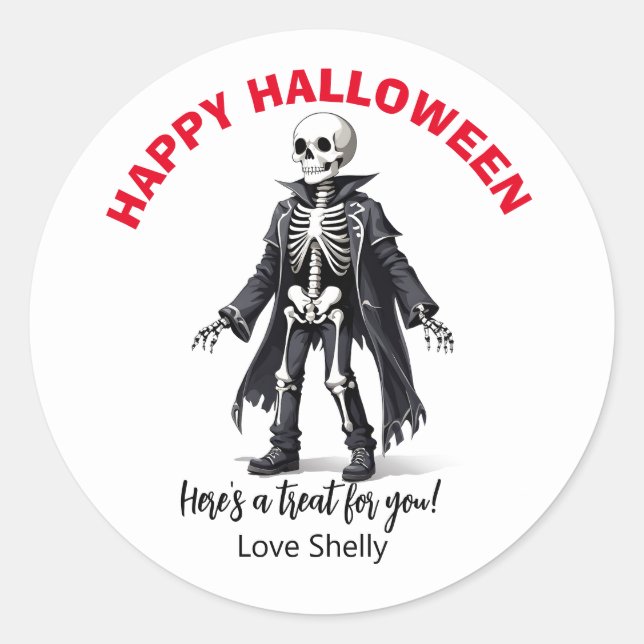 Sticker Rond Joli squelette Halloween citrouilles amicaux (Devant)