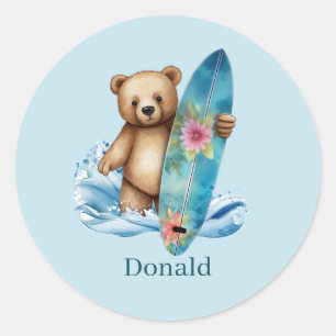 Sticker Rond Joli surf ours ajouter le nom