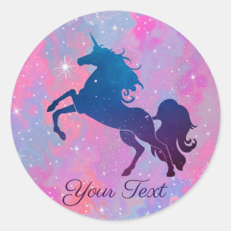 Sticker Rond Joli texte personnalisé rose/violet Galaxy Unicorn
