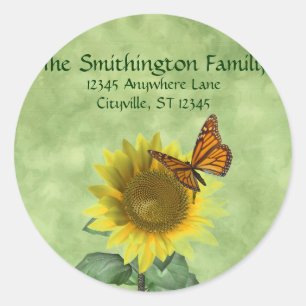 Sticker Rond Joli tournesol jaune et papillon orange