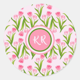 Sticker Rond Joli Tulipe rose Fleurs Florales Feuille Monogramm