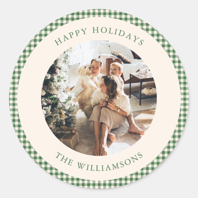 Sticker Rond Joli Vert En vichy Plaid Photo Personnalisé Saluta (Devant)