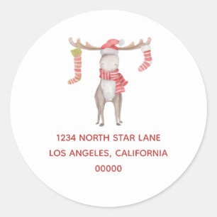 Sticker Rond Joli Whimsical Moose Christmas Adresse de retour