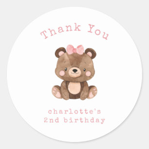 Sticker Rond Joli Woodland Ours Rose fille Merci d'anniversaire