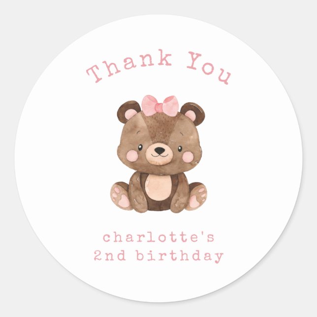 Sticker Rond Joli Woodland Ours Rose fille Merci d'anniversaire (Devant)
