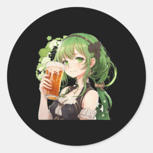 Sticker Rond Jolie Anime Girl Luckier St Patrick's Day Kawaii L
