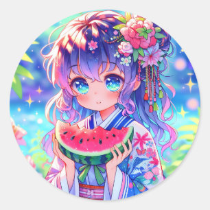 Sticker Rond Jolie Anime Girl Manger Watermelon