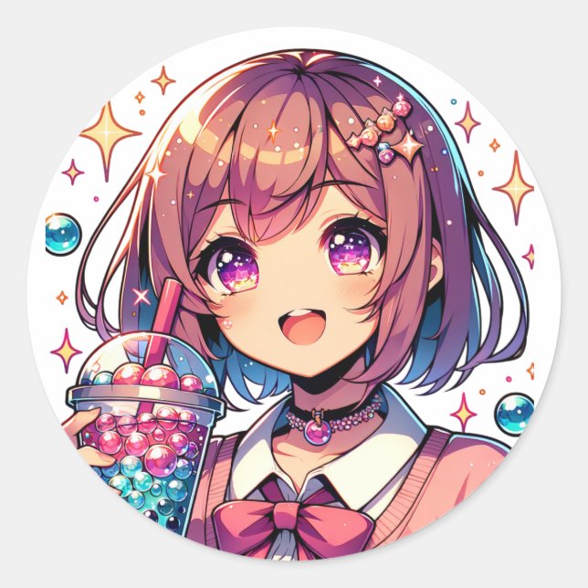 Sticker Rond Jolie Anime Girl tenant Bubble Tea (Devant)