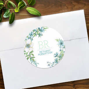 Sticker Rond Jolie aquarelle bleue Floral Personnalisé