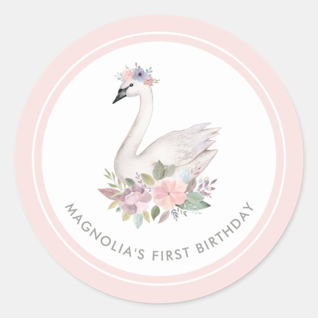 Sticker Rond Jolie aquarelle Floral Swan Princess Anniversaire (Devant)