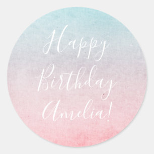 Sticker Rond Jolie aquarelle Joyeux Anniversaire Nom Aqua