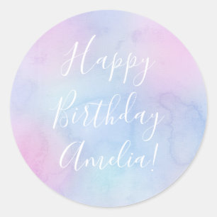 Sticker Rond Jolie aquarelle Joyeux Anniversaire Nom pourpre