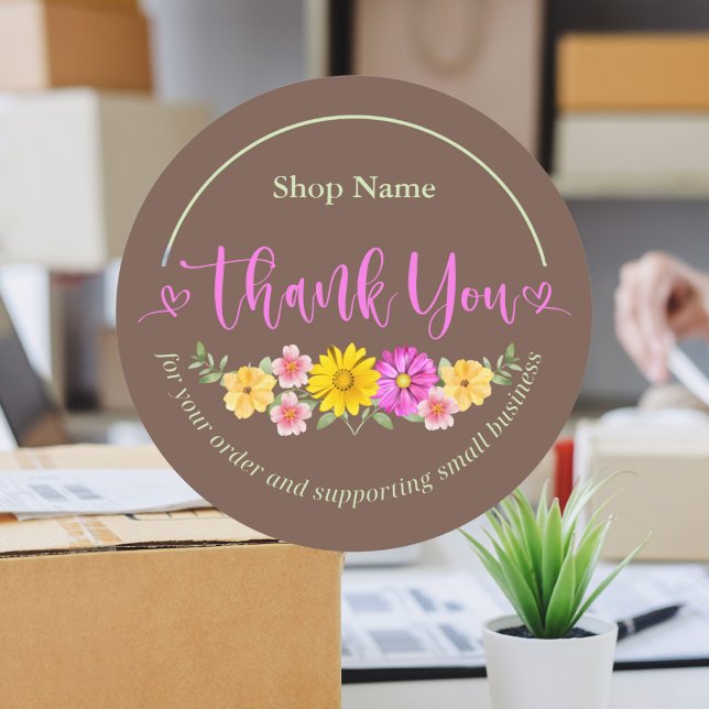 Sticker Rond Jolie Aquarelle moderne Script Merci Floral (Créateur téléchargé)