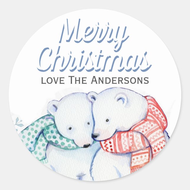 Sticker Rond Jolie aquarelle Ours polaires Joyeux Noël (Devant)